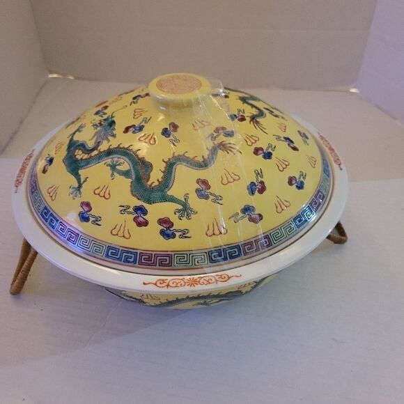 Stunning Chinese Rare Vintage Yellow Dragon Soup Or Rice Tureen Nwob Never Used
